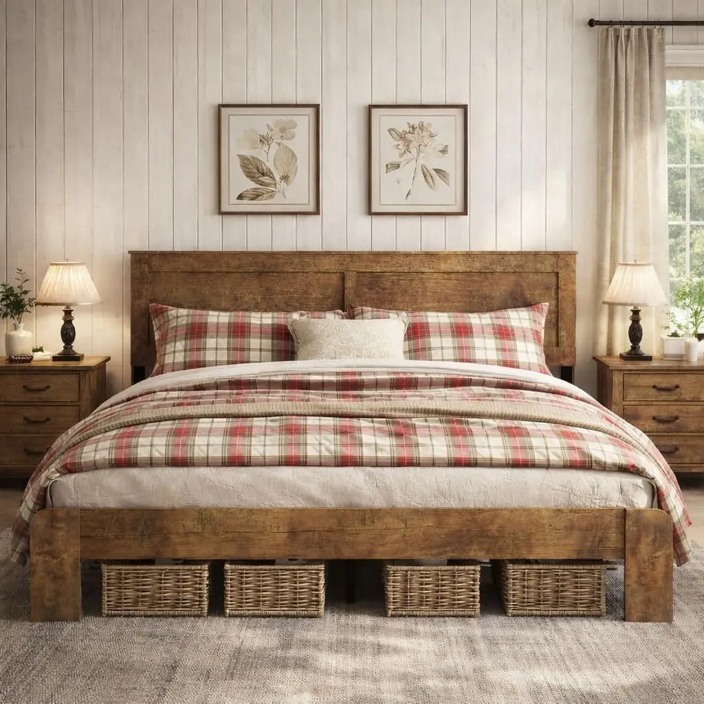 Wooden Bed Frame King Size with Headboard, Farmhouse Platform Bedframe with Wood Slat Support, Sturdy Framework Bed, Customized