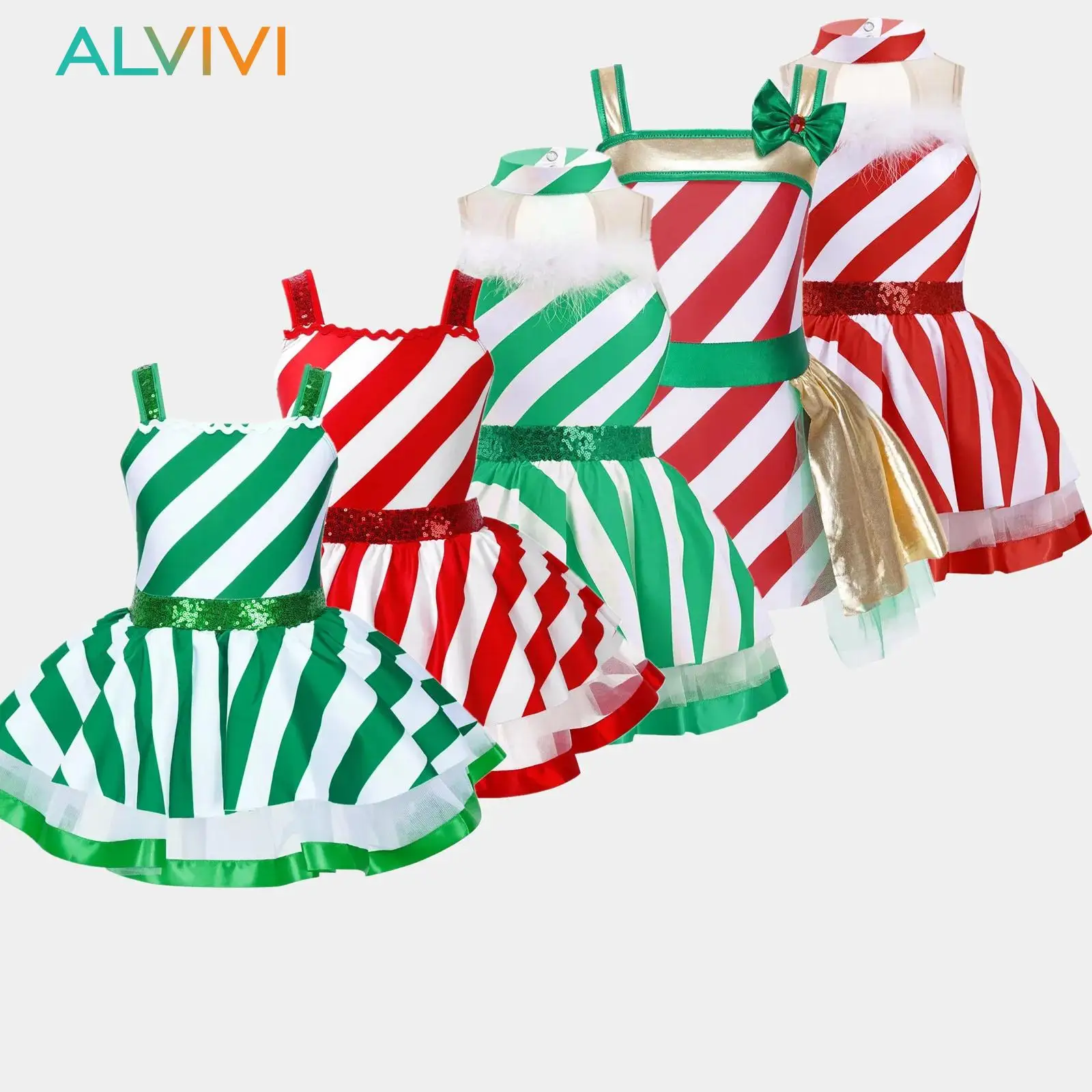 

Kids Girls Xmas Christmas Ballet Dance Costume Shiny Sequins Striped Figure Skating Candy Cane Twirling Tutu Leotard Dress