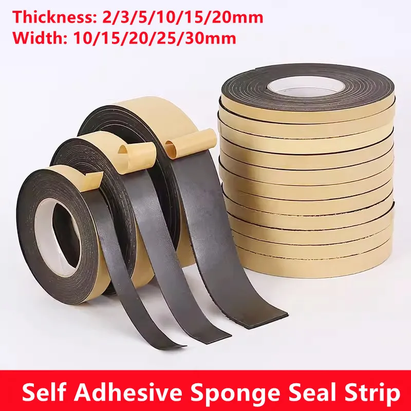 New Self Adhesive Sponge Seal Strip Thicken Black EPDM Rubber Single Sided Adhesive Soundproof Foam Anti-collision Seal Gasket