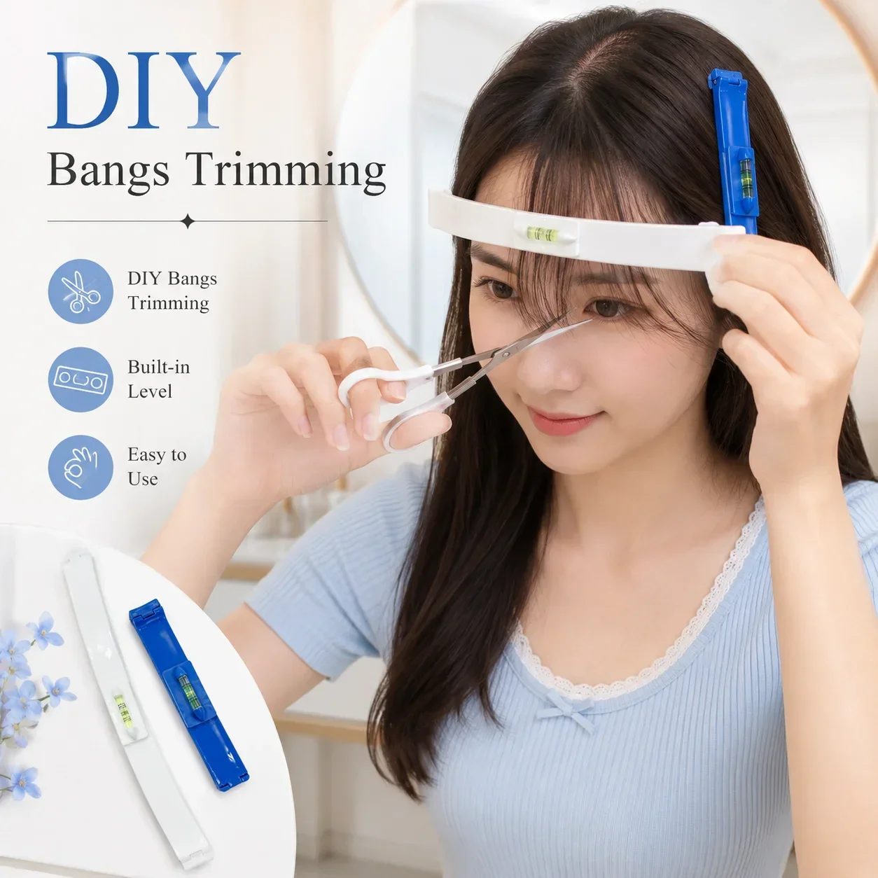 Cute Hair Trimming Guide Comb with Level and Clips, DIY Fringe Cutting Kit for Home Beaut