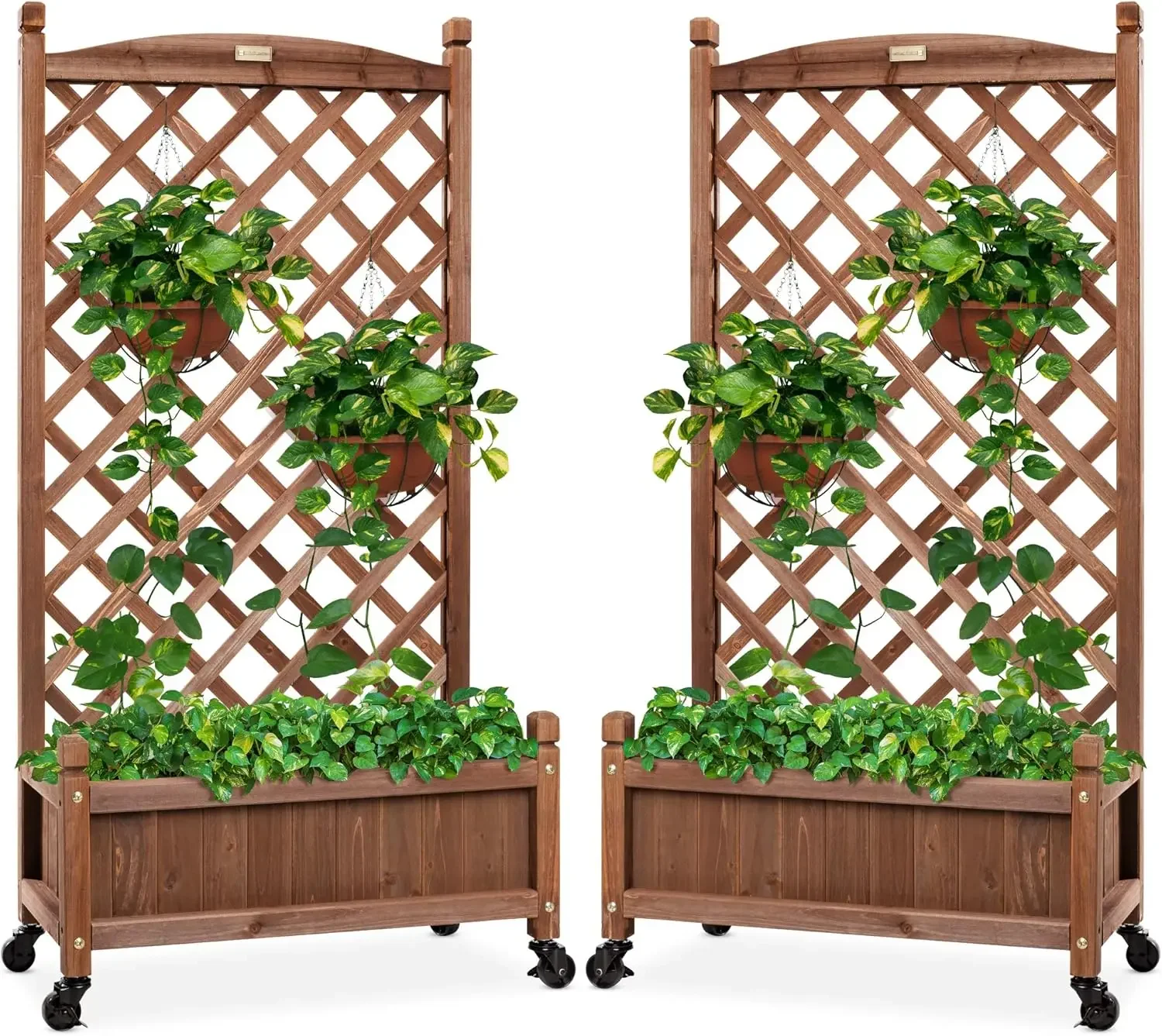 Set of 2 48in Wood Planter Box & Diamond Lattice Trellis,Mobile Outdoor Raised Garden Bed for Climbing Plants ,Walnut