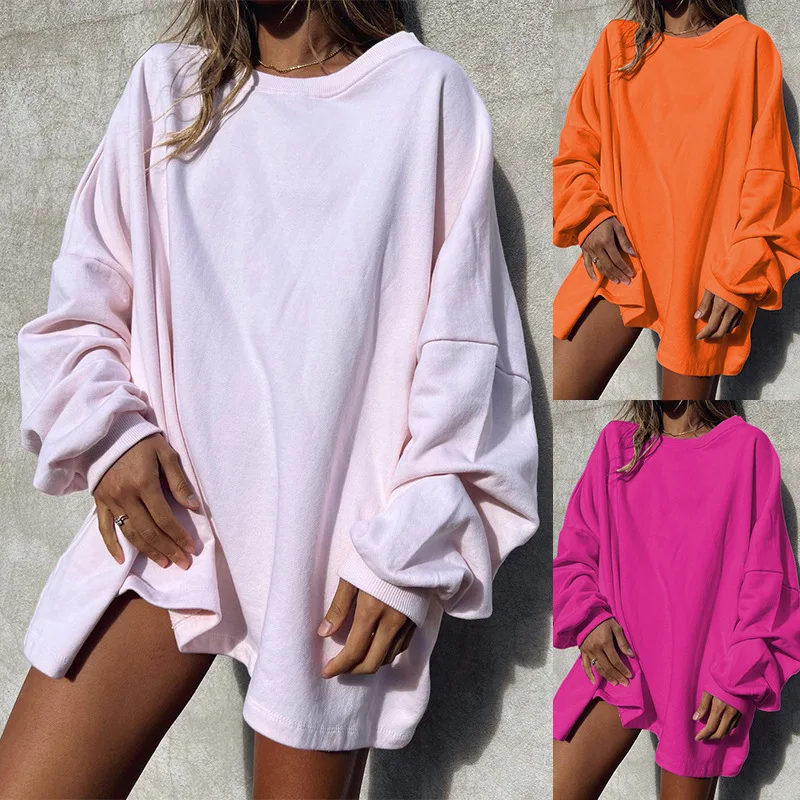 

FD1387 2023 Autumn Spring New Women's Fashion Casual Solid Color Loose Sleeve Round Neck Long Hoodie