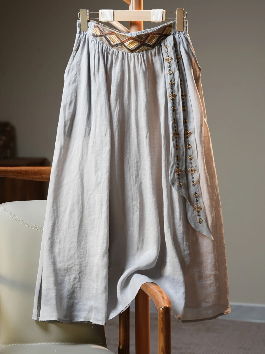 Retro Geborduurde Bloem Linnen F Rok Vrouwen Zomer Losse Hoge Taille A-lijn Katoen Linnen Rok Swingy Midi Rok