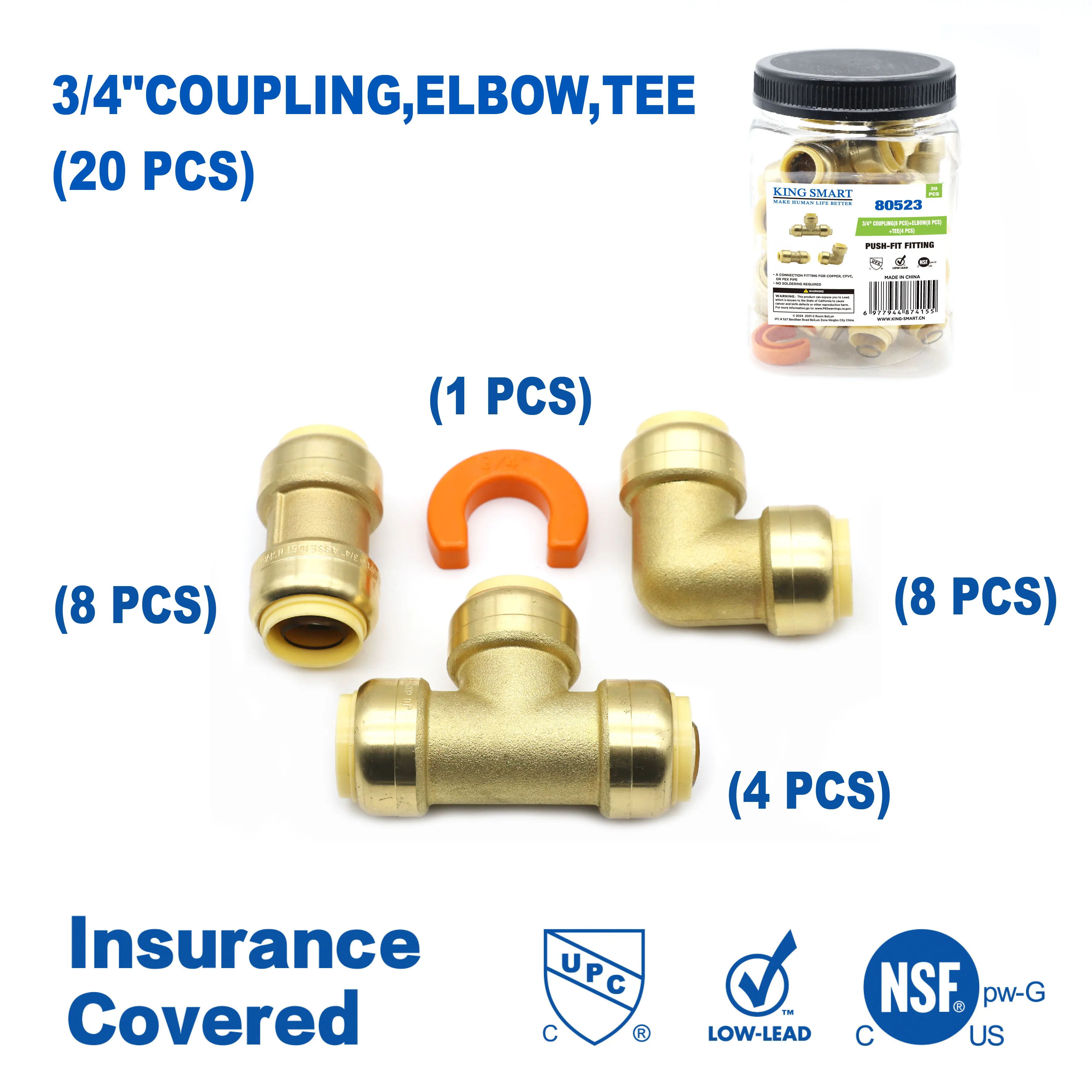 كينج سمارت 3/4 بوصة (8 قطع)، كوع (8 قطع)، تي (4 قطع)؛ مجموعة الدفع المناسب؛ نحاس خالٍ من الرصاص؛ 20 قطعة/الحالة؛ 80523