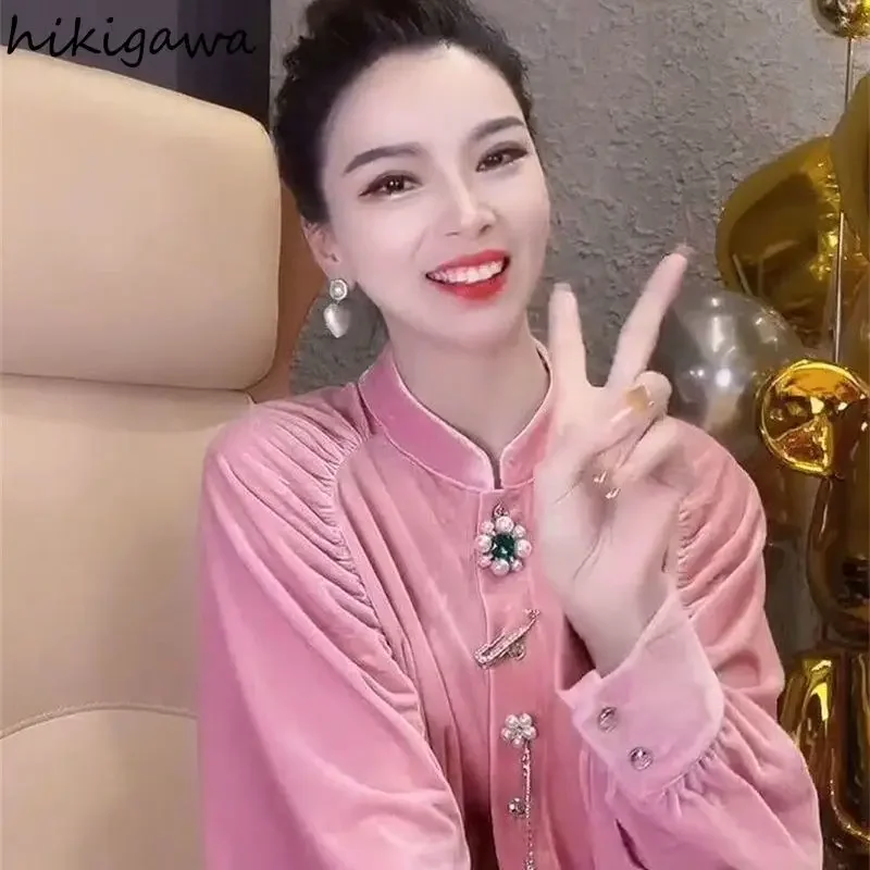 Korean Velvet Camisas De Mujer Pink Blouses for Women Temperament Lady Tops Oversized Shirts Stand Neck Vintage Fashion Blouse