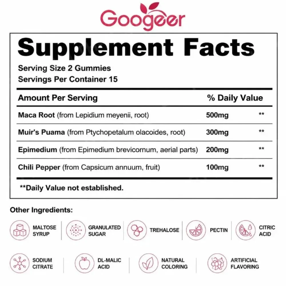 Maca Root Gummies with Muira Puama Epimedium and Chili Pepper for Daily Balance Calmness Vitality Overall Wellness, 30 Gummies