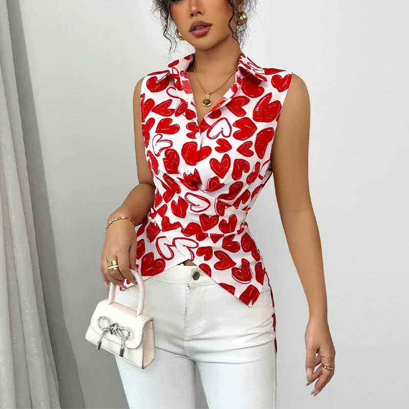 

2025 summer Heart print Blouse for Women Blusas Mujer Irregular straps Tops Single Breasted Slim Waist Shirts Fashion Y2k Shirts