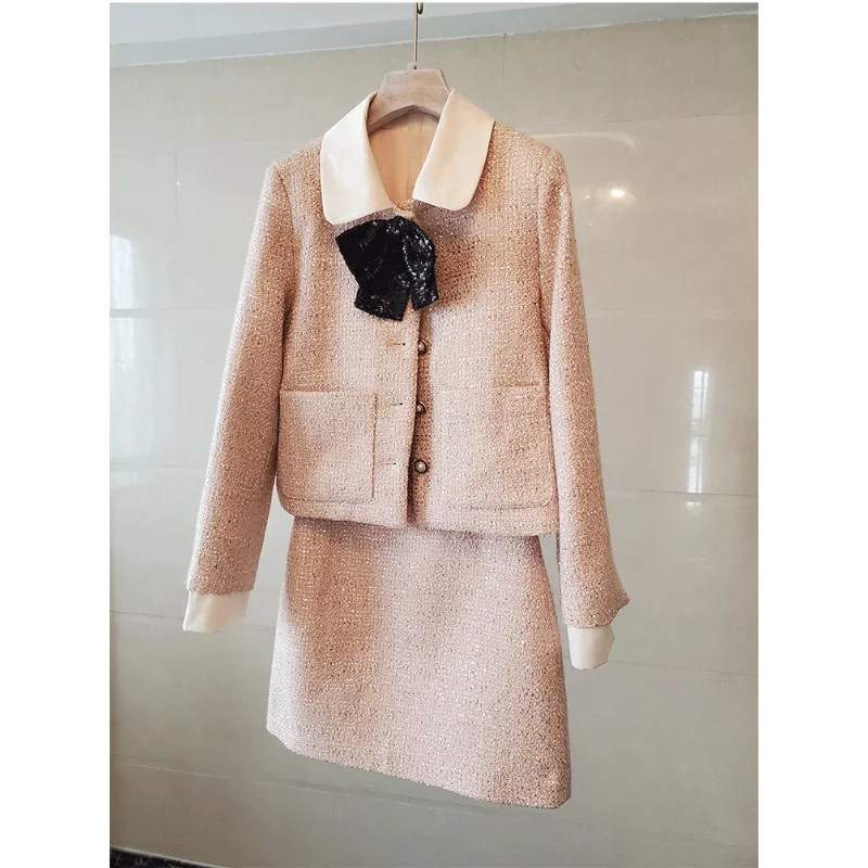 Setelan jas wanita pita manis wangi kecil musim gugur musim dingin mantel lengan panjang berpayet + rok Fashion wanita kantor Tweed Set dua potong
