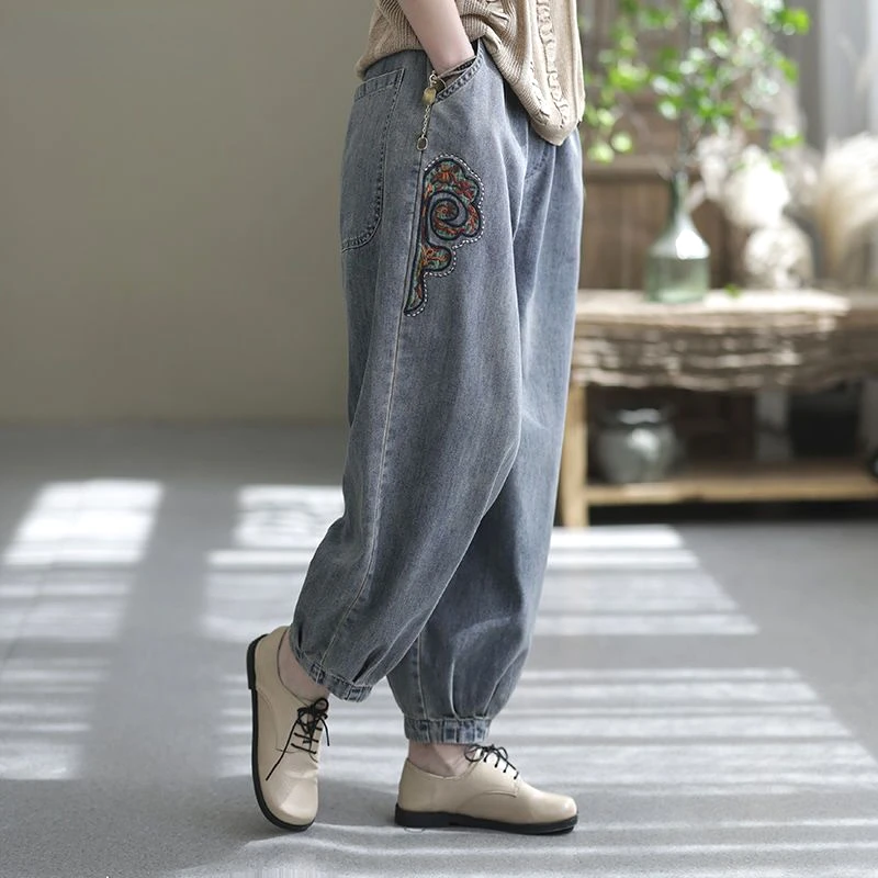 

Spring and Autumn Pants Retro Art Casual Loose High Waist Pocket Women's Spliced Embroidery Nine Point Washed Wide Legs J248