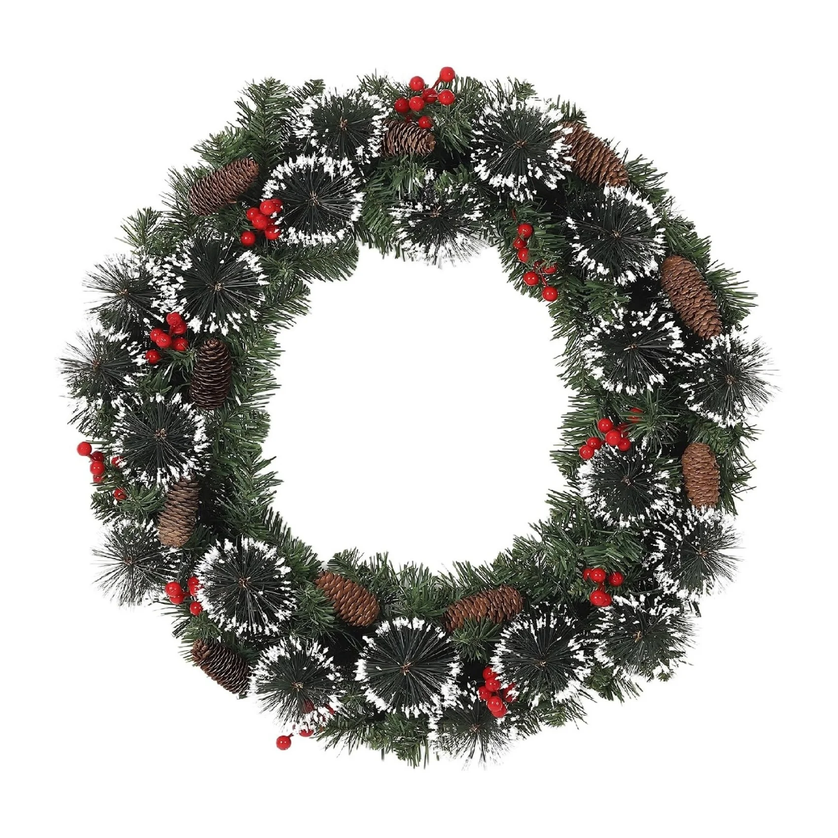 Ghirlanda natalizia in abete artificiale – aghi innevati, bacche rosse e coni di abete, per porta d'ingresso/caminetto, interni ed esterni, decorazione invernale