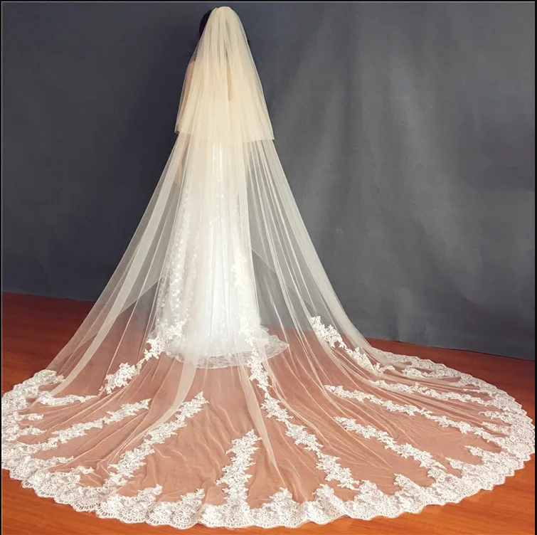 Lace Wedding Veil Long 2T Appliques Bridal Veils With Comb Cover Face Wedding Veil