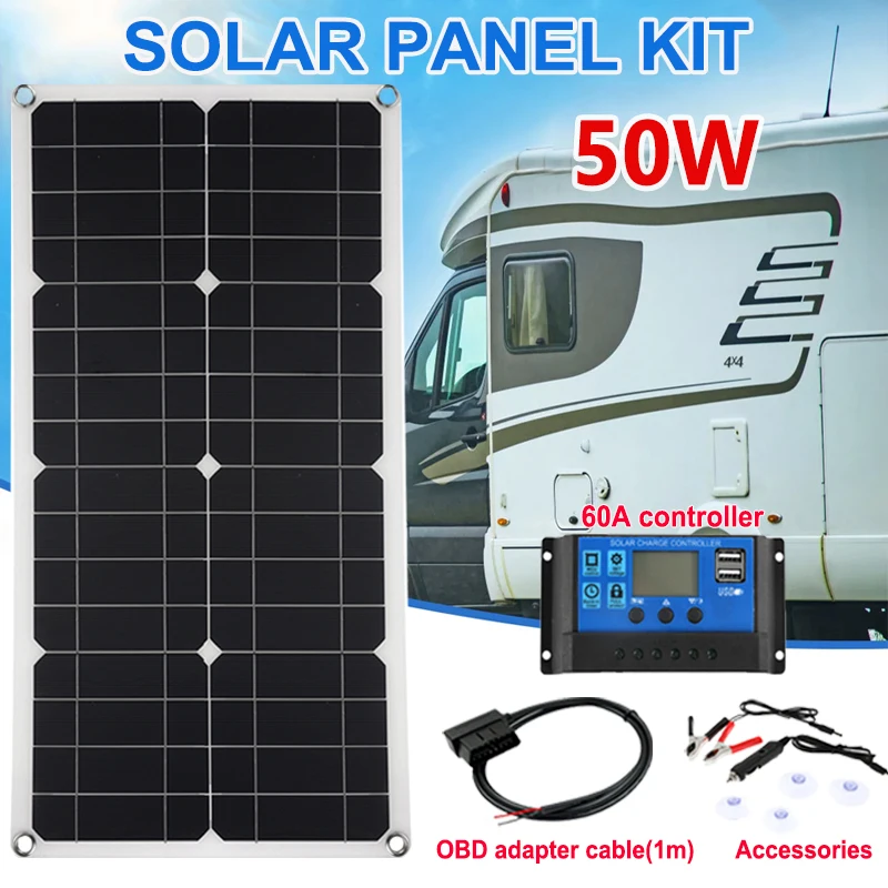 50W Solar Panel 18V Solar Cell 60A Charge Controller With OBD Power Supply Adapter Cable For RV Car Outdoor Battery Charger