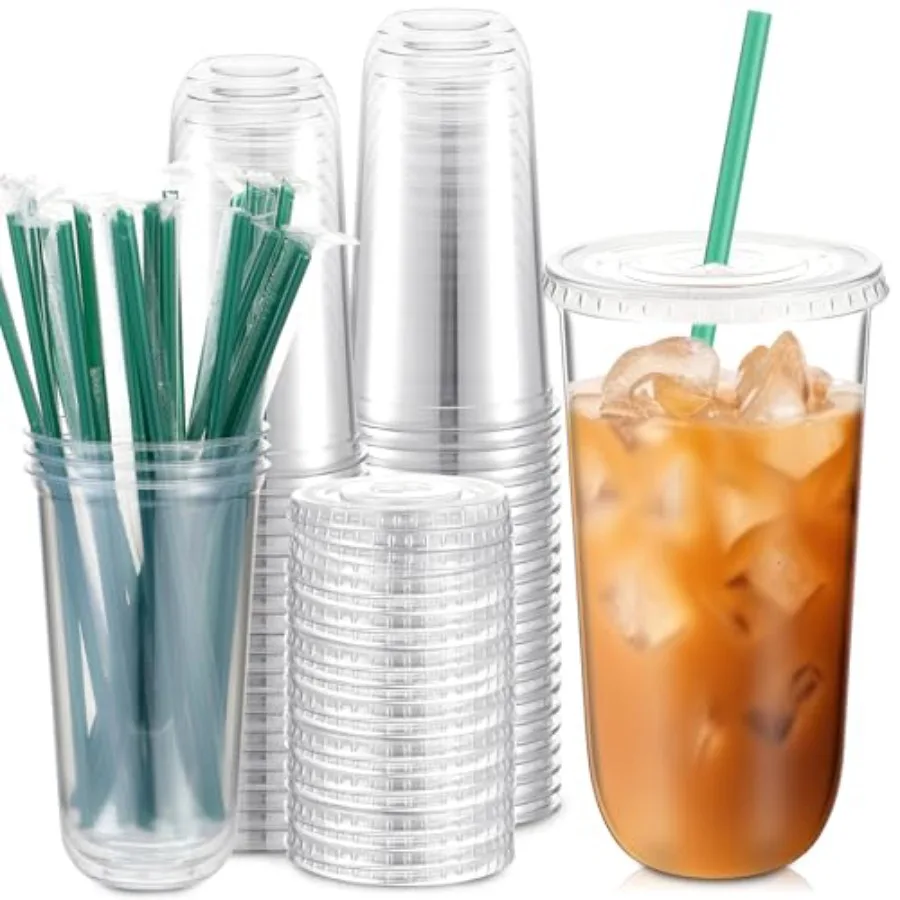 

25 Set Plastic Cups with Lids and Straws, Disposable Plastic Iced Coffee Cup for Cold Beverage Juice Smoothie Crystal for Coffe