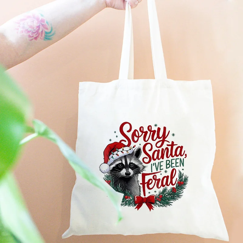 Sorry Santa I'v Been Feral Pattern Canvas Tote Bag Cute Raccoon Possum Capybara Elk Print Shopping Bag Great Christmas Gift