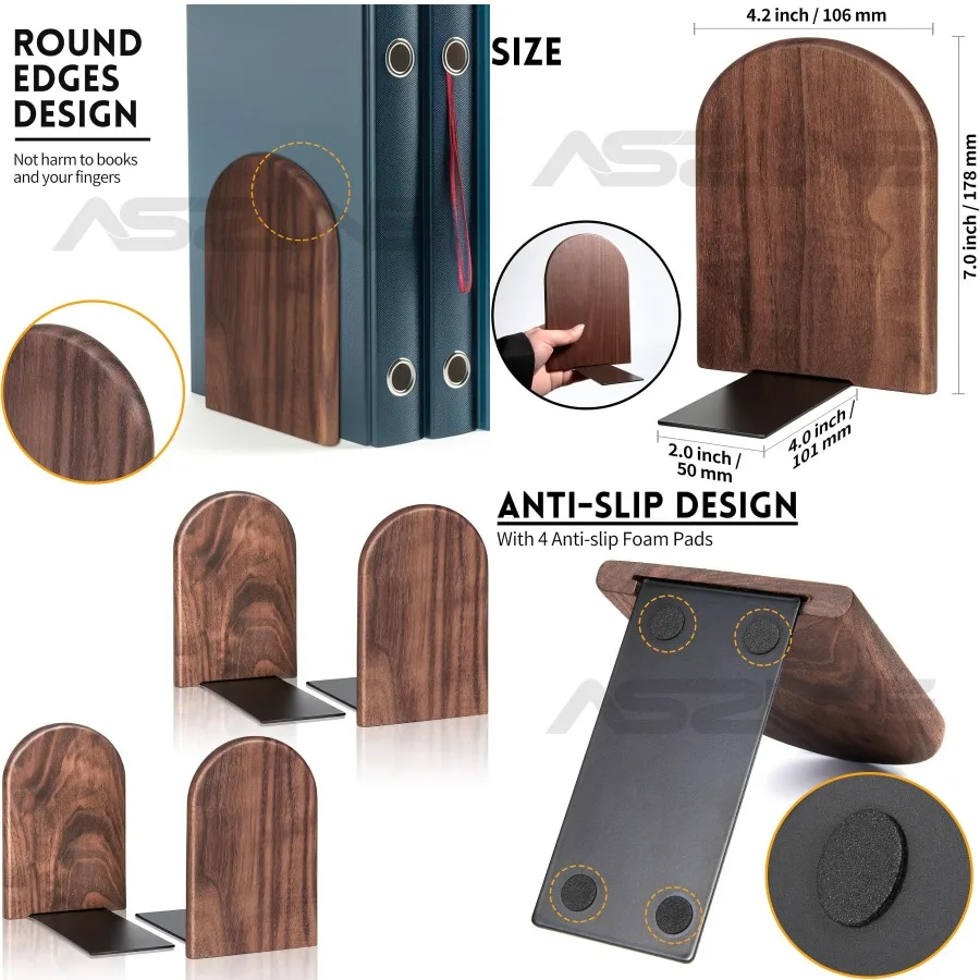 頑丈な木製ブックエンド、滑り止めベース付き、オフィスデスクや家庭図書館での重い本の置きに最適、耐久性がありスタイリッシュ