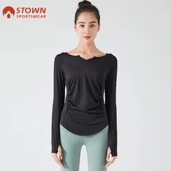 Stown Sportswear Bodybuilding Long Sleeve T Shirt Gym Fitness Women Clothing with Thumb Hole Pleated Slimming Pilates Yoga Top