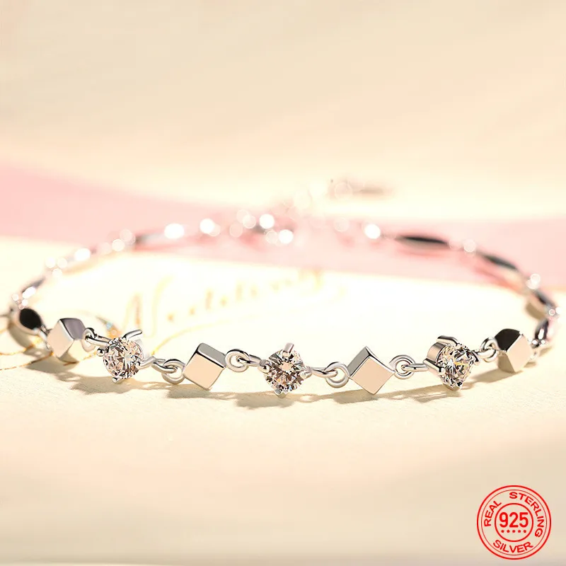 

925 Sterling Silver Round Geometric Zircon Bracelet Chain For Women Fashion Jewelry