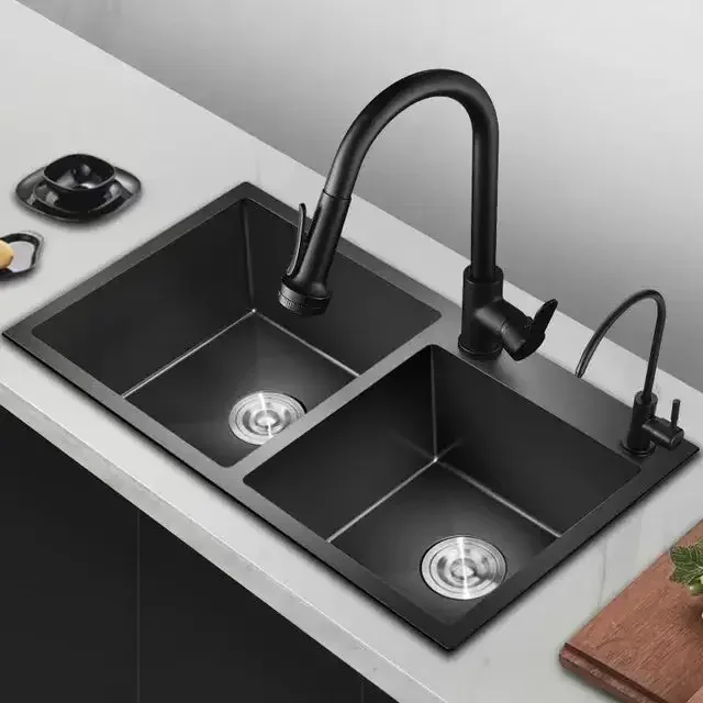 Modern Handmade Stainless Steel Nano Sink Black SUS304 Double Bowl Kitchen Sink Food Grade Oil Resistant Sink