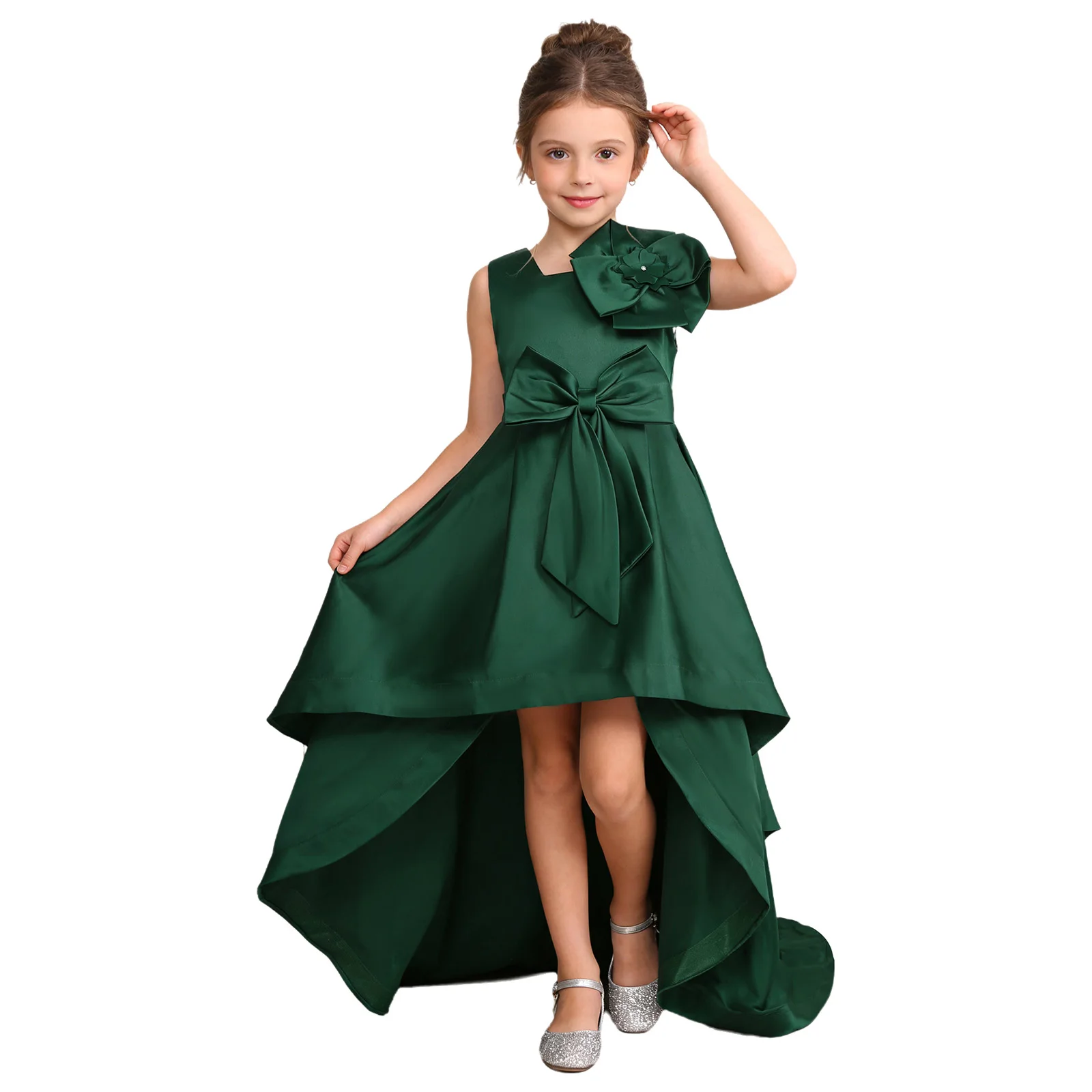 

Kids Girls Elegant Princess Dress 3D Flower And Bow Applique Tiered Maxi Dresses Pageant Party Gowns for Wedding Birthday