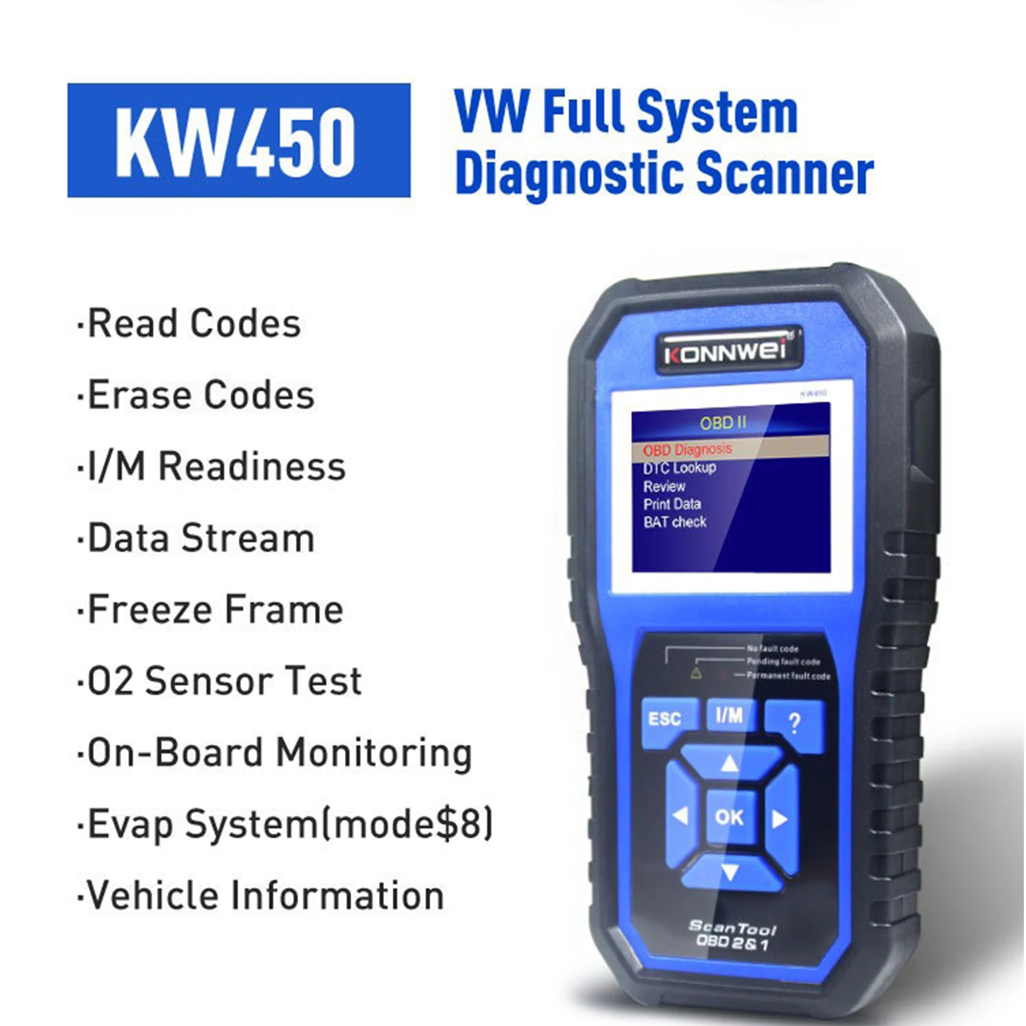 KONNWEI KW450 OBD2 Diagnostic Tool ABS Airbag Battery matching EPB DPF SAS BAT Match VAG Car Full System Fault Diagnosis Scanner