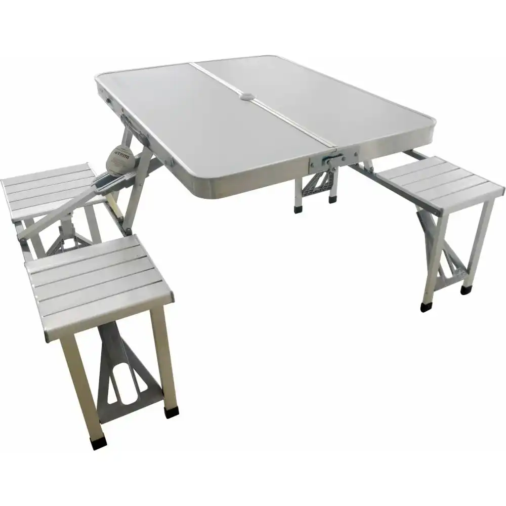 

Customized Outdoor Extendable Table Lightweight Aluminium Camping Table Portable Suitcase Folding Picnic Table and Chair Set
