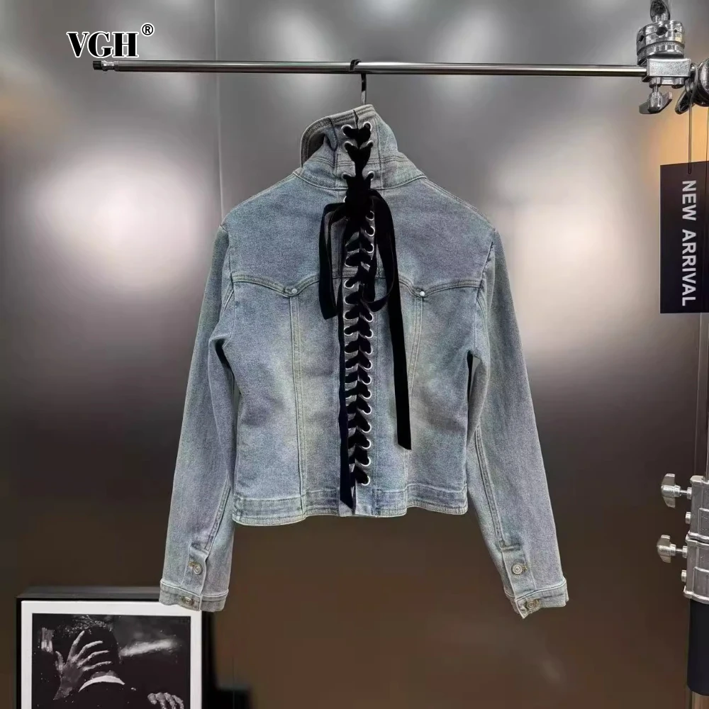 

VGH шикарная модная джинсовая куртка для женщин с лацканами и длинными рукавами, сращенная спина, крест-накрест, повязка, утягивающее короткое пальто, женское осеннее
