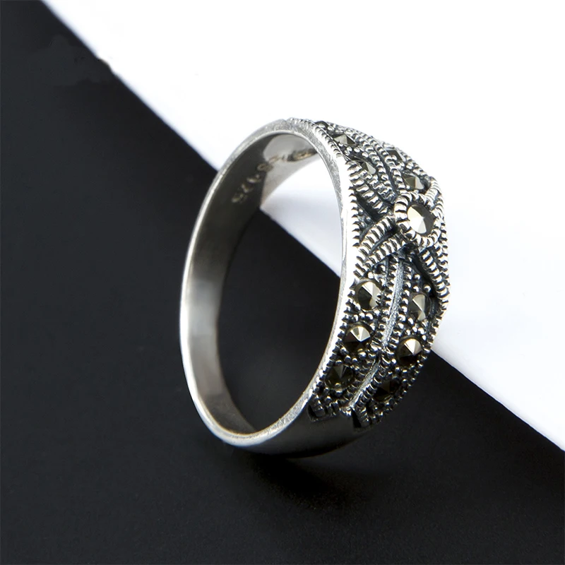 YYSUNNY 925 Sterling Silver Marcasite Ring Vintage Thai Silver Ethnic Style Women Party Ring