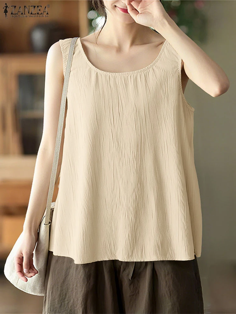 

ZANZEA Sleeveless Tanks Simple O-neck Loose Tops Women Camis 2025 Summer Vintage Solid Color Tees Casual Tunics Oversized