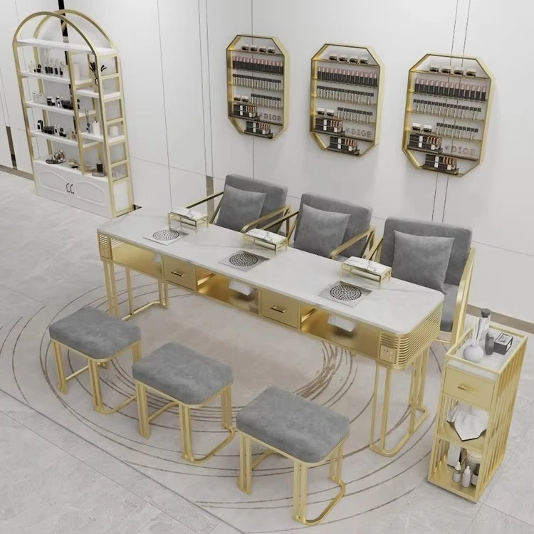 &c Double Marble Nail Table Light Luxury Style Beauty Salon Furniture Modern Manicure Nail Table and Chair