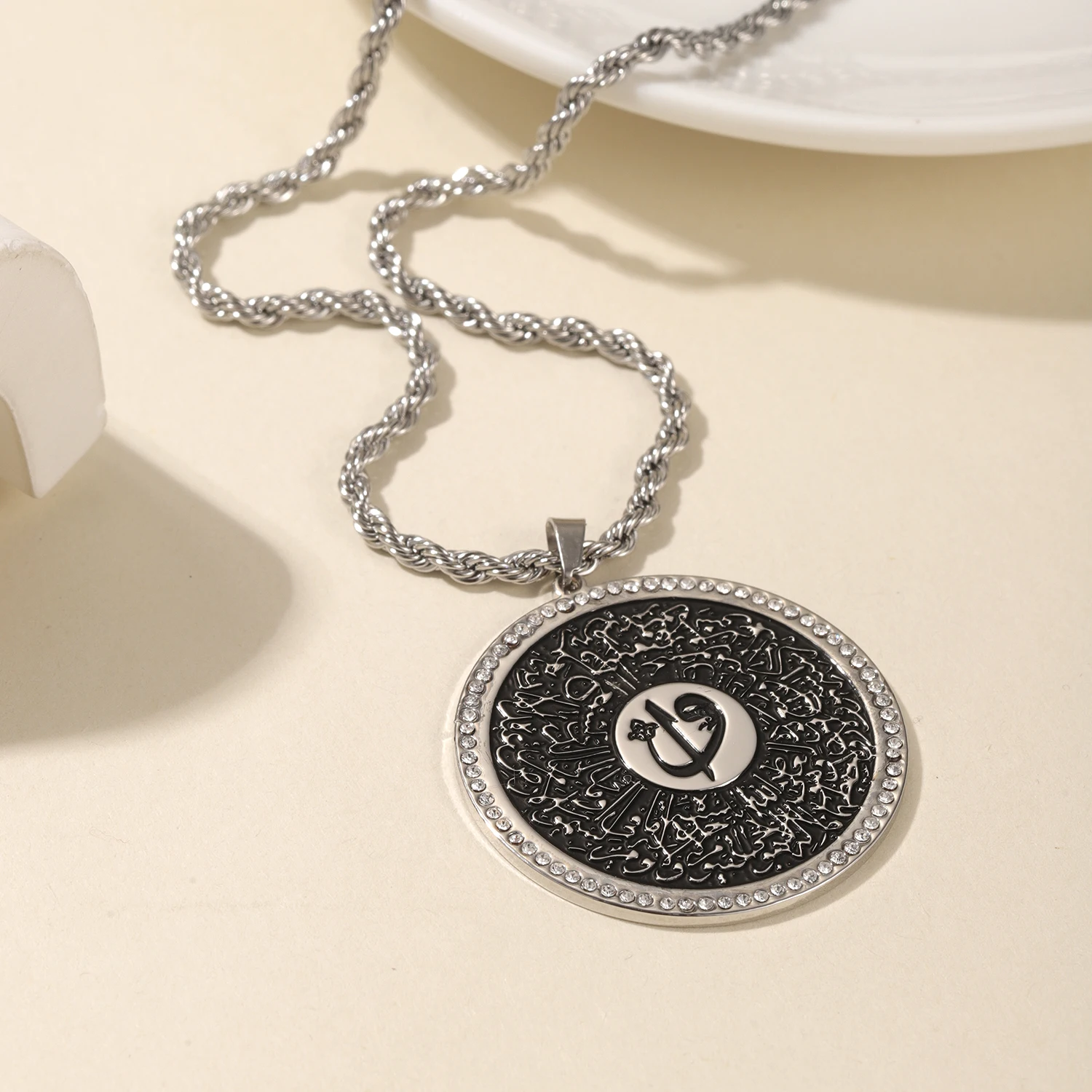 Arabic Blessing Pendant Necklace with Diamond Studded Border Custom Islamic Calligraphy 18K Gold Plated Stainless Steel Gift
