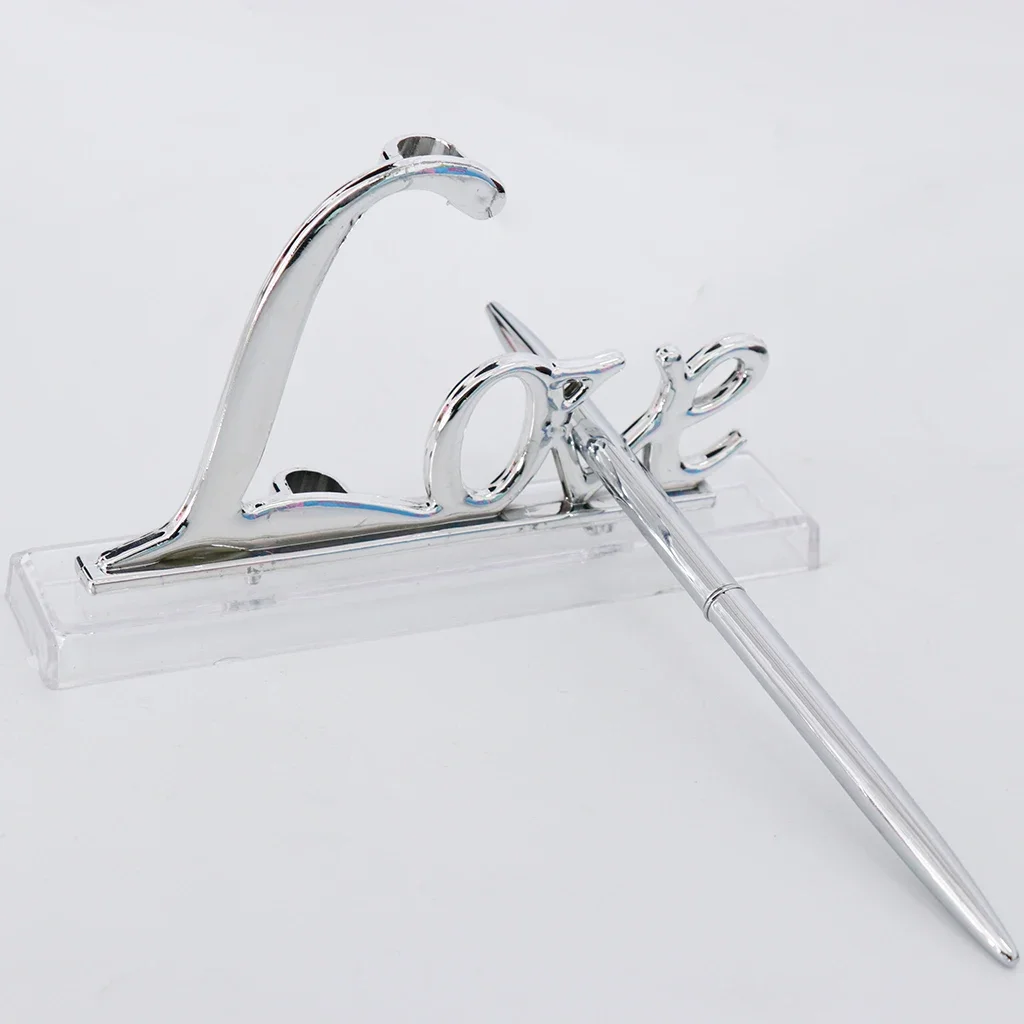 

Silver Wedding Reception Party Guest Book Signing Pen with Love Sign Pen Stand Table Decor