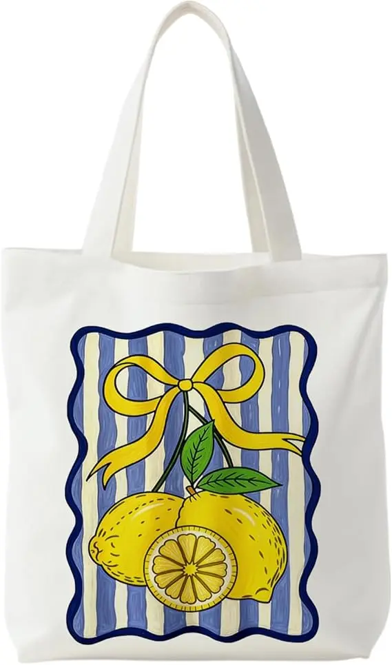 Lemon Striped Pattern Canvas Handbag - Reusable Fruit Printed Shoulder Bag  Casual and Versatile Daily Shopping Handbag