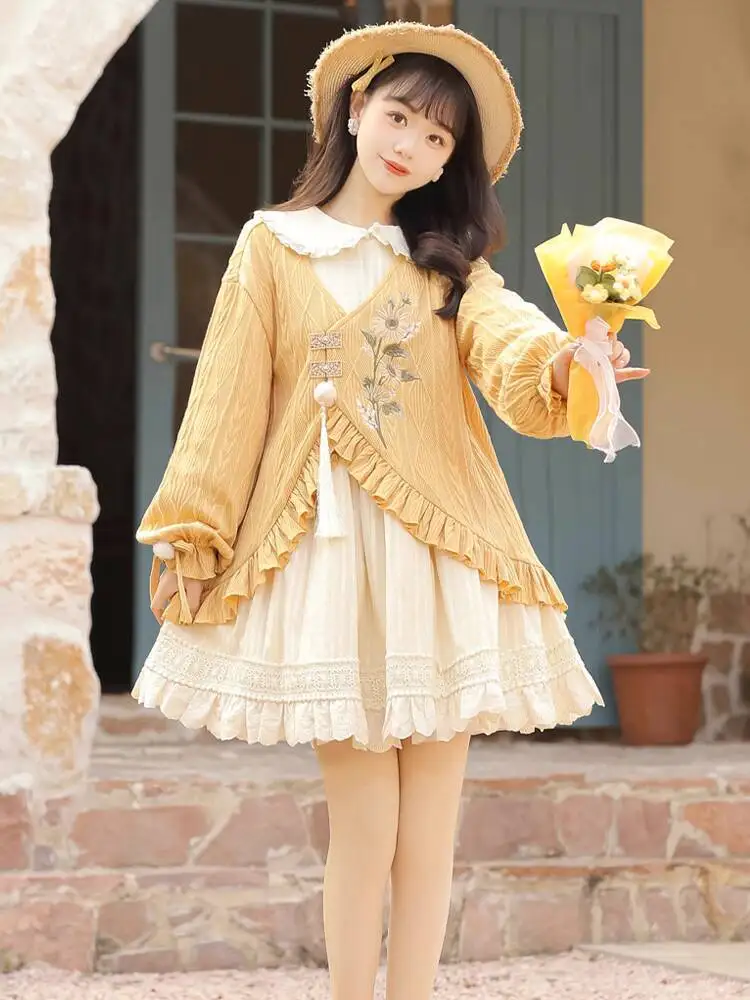 

Новое платье в китайском стиле с подсолнухом Guofeng Han Elements, платье с длинными рукавами, повседневное пальто с вышивкой, улучшение Hanfu для женщин