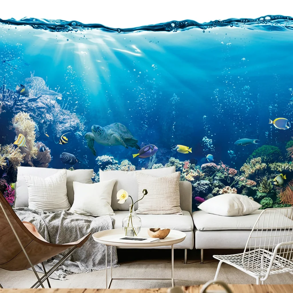 Tropical coral reef ecosystem, shimmering water surface, background wall for living room and bedroom, self-adhesive material.