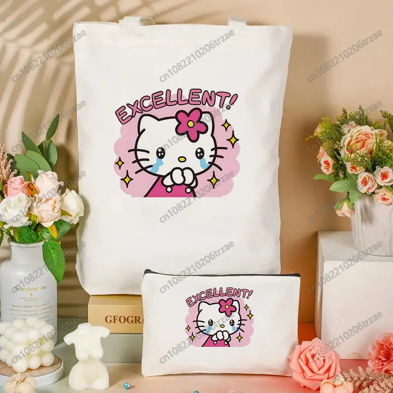 

Ladies Hello Kitty FRESH Print Shopping Bag Handbag Set Shopper Harajuku Style Bag Student Tote Bag Storage Bags Makeup Bag