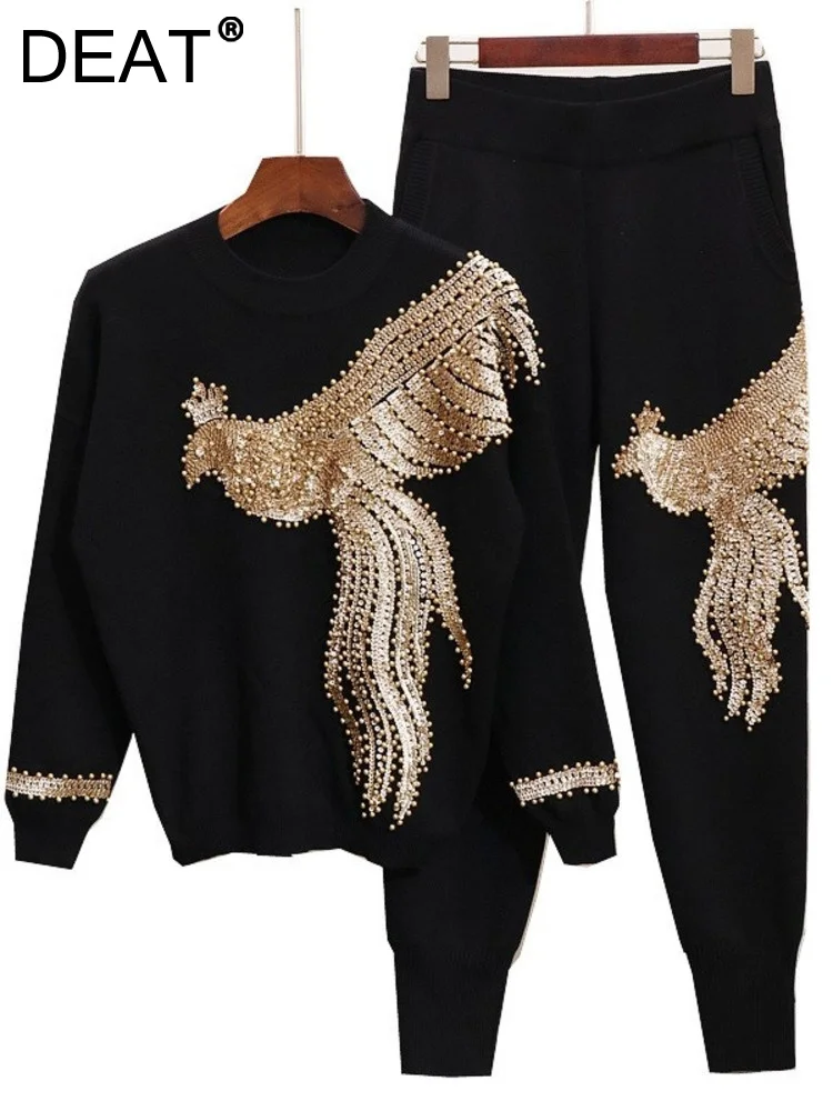 DEAT Women Beaded Stretch Sweater High Waist Elasticity Long Pants New Two Piece Set Fashion Autumn Winter 2023 11D2625