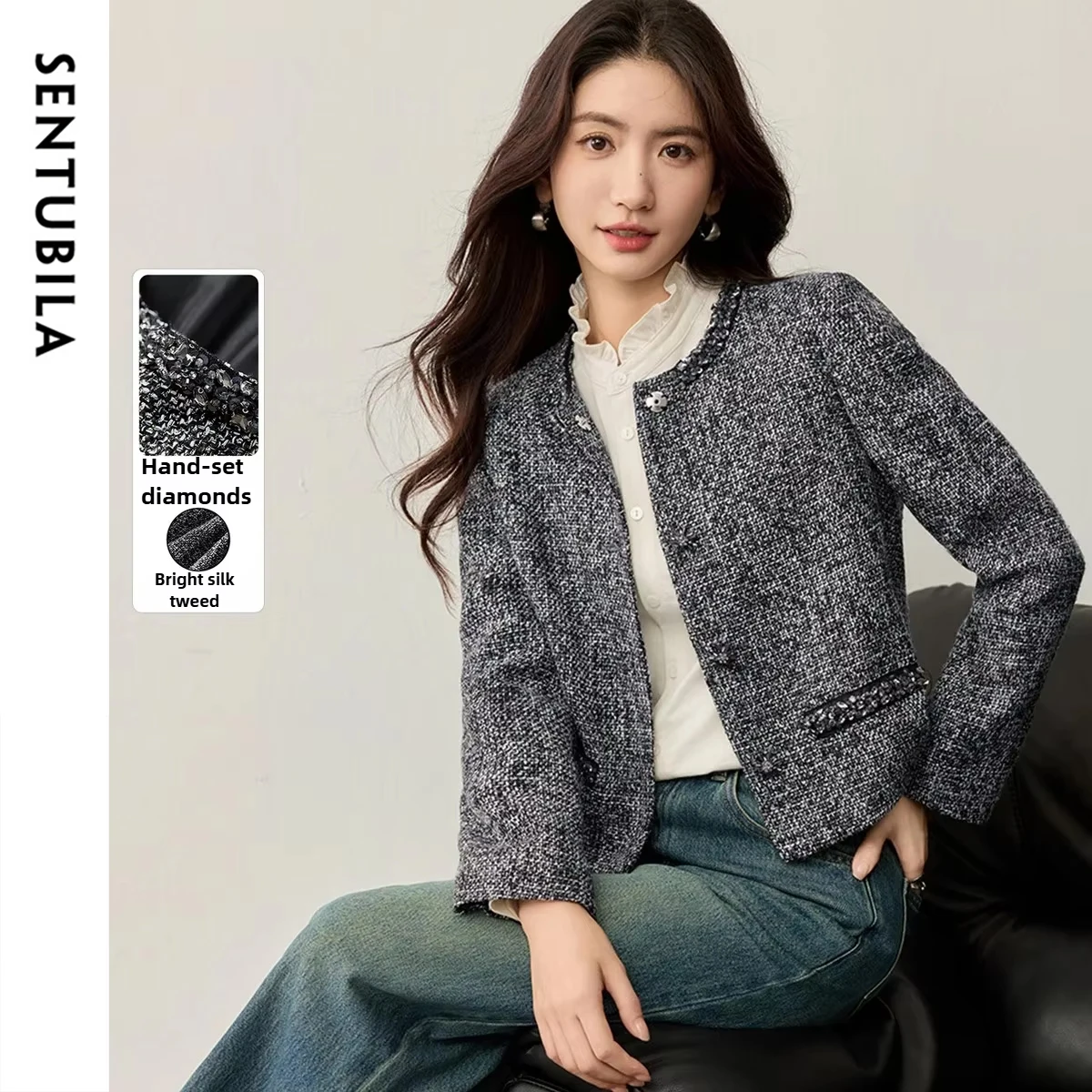 

SENTUBILA Women's Short Tweed Jacket Autumn 2025 Diamond-encrusted Bright Silk Outwear Elegant Commuter Cardigan Coat 153WA2085