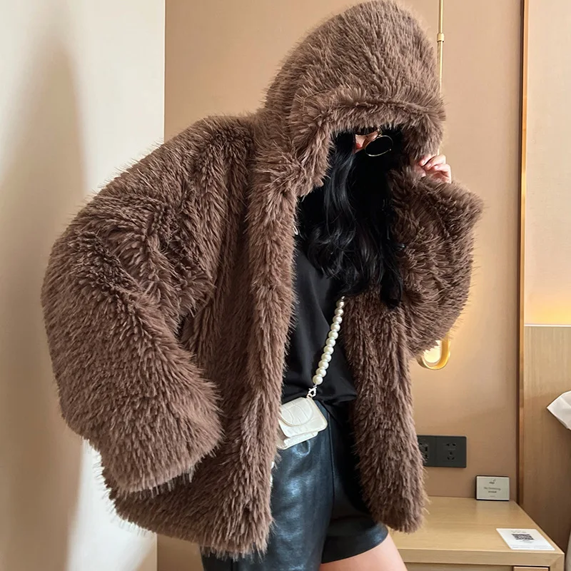 Fashion Hooded Fur Top Elegant Extravagance Furry Coat Lady Temperament Warm Faux Fur Top Women