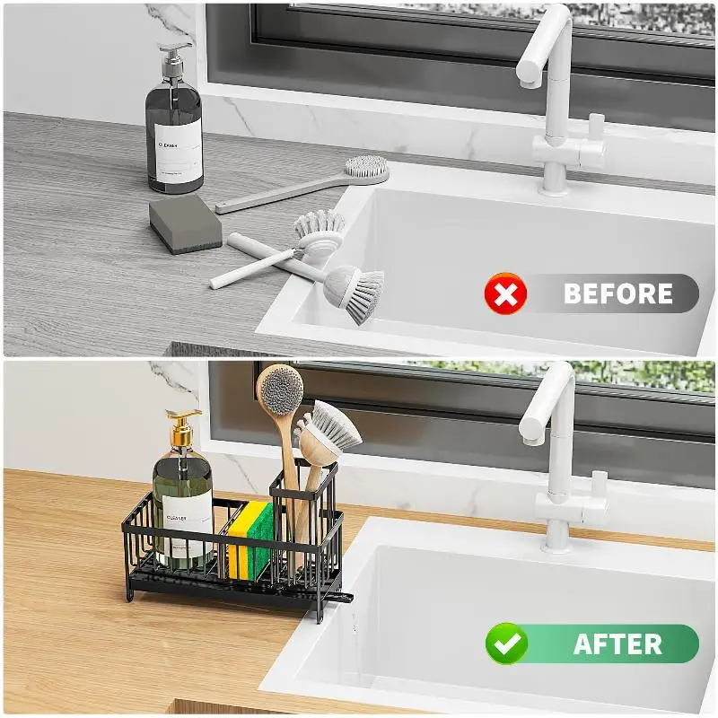 Black Carbon Steel Kitchen Sink Organizer Rustproof Removable Drain Tray Holds Sponges Brushes Dish Soap Utensils