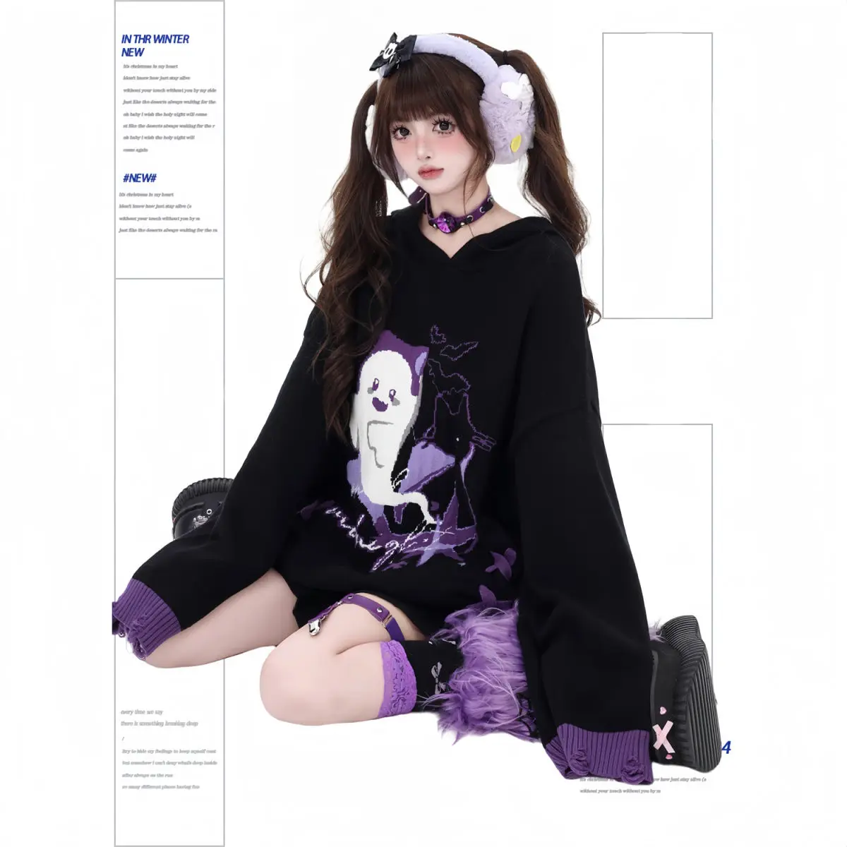 ​ ​ Maglione Phantom Alt da donna allacciato con spalle scoperte oversize nero viola color block gotico peluche invernale lavorato a maglia caldo stile Alt ​ ​