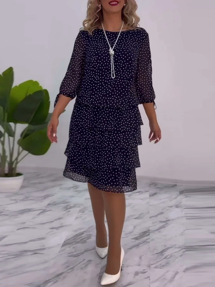 

Spring Summer Chiffon Dress Women Loose Polka Dot Knee-Length Three Quarter Sleeve Lace-up Layered Dress Multi Colors 61903