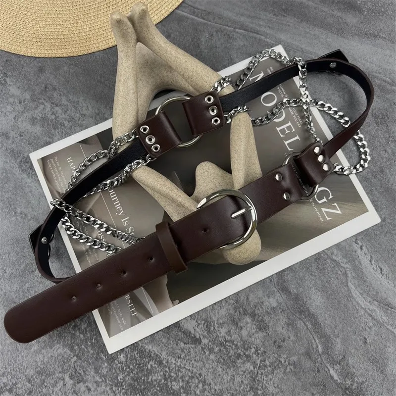 Women's Fashion Metal Chain PU Leather Punk Corset Female Cummerbund Coat Waistband Dress Decration Wide Belt J1625