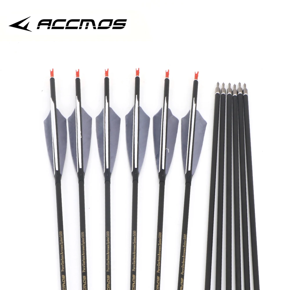 6-12p Pure Carbon Arrow ID6.2mm Spine 300 400 500 600 700 800 Nature Feather For Compound /Recuvre Bow Shooting Archery Hunting