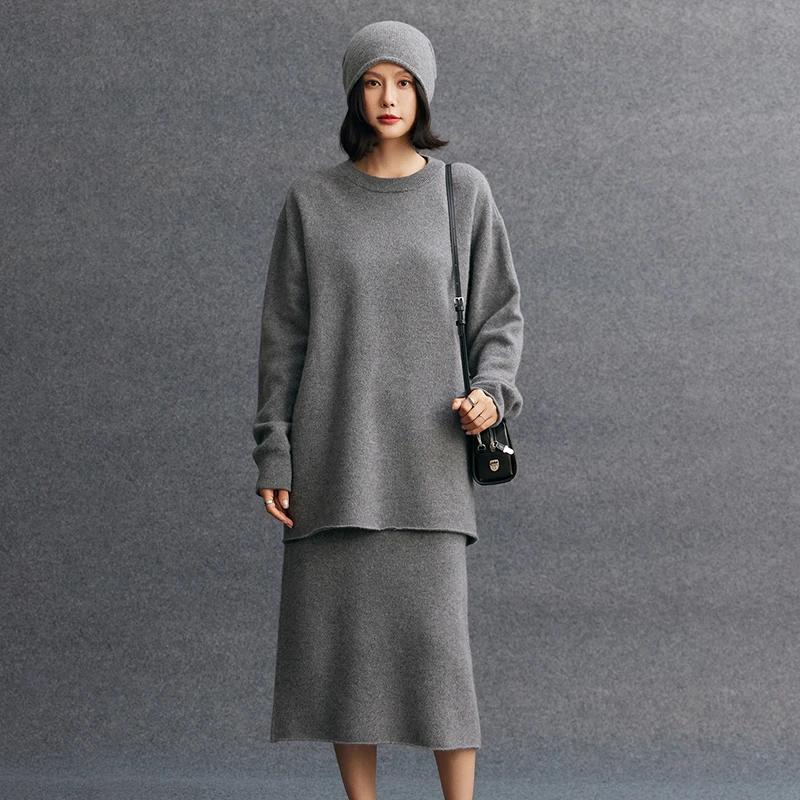 

Women's set 100% cashmere round neck lazy mid length pullover sweater casual loose knitted high waisted skirt two-piece set