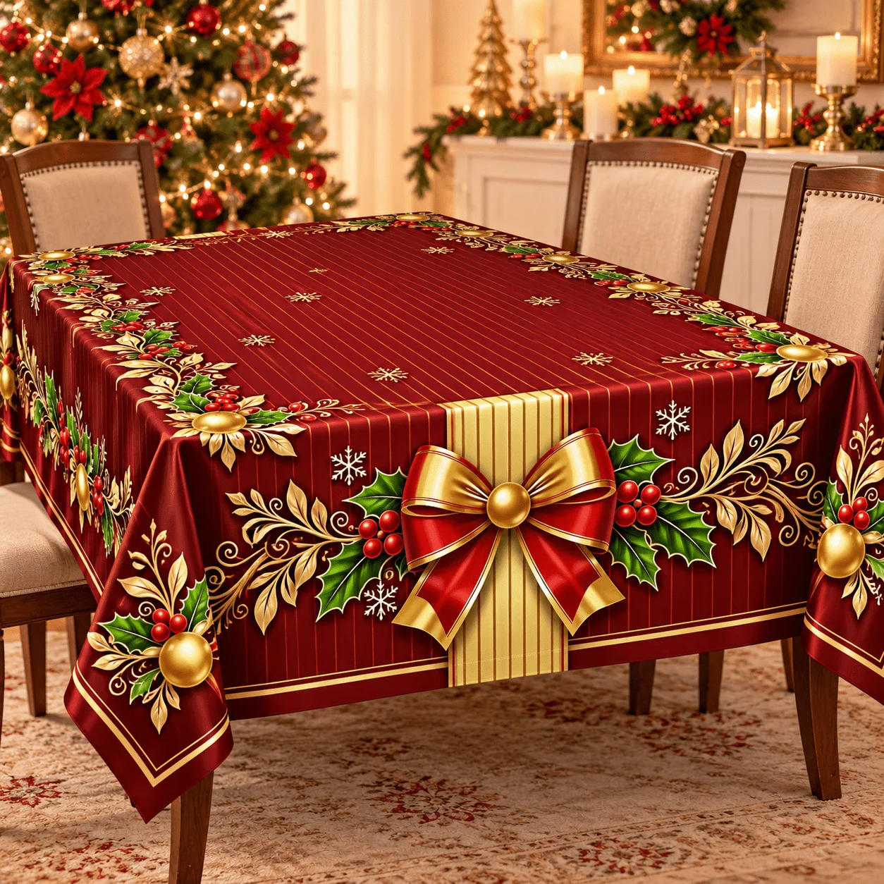 1 square tablecloth, red and gold color scheme, striking bow with holly red fruit, gold leaves and snowflake print
