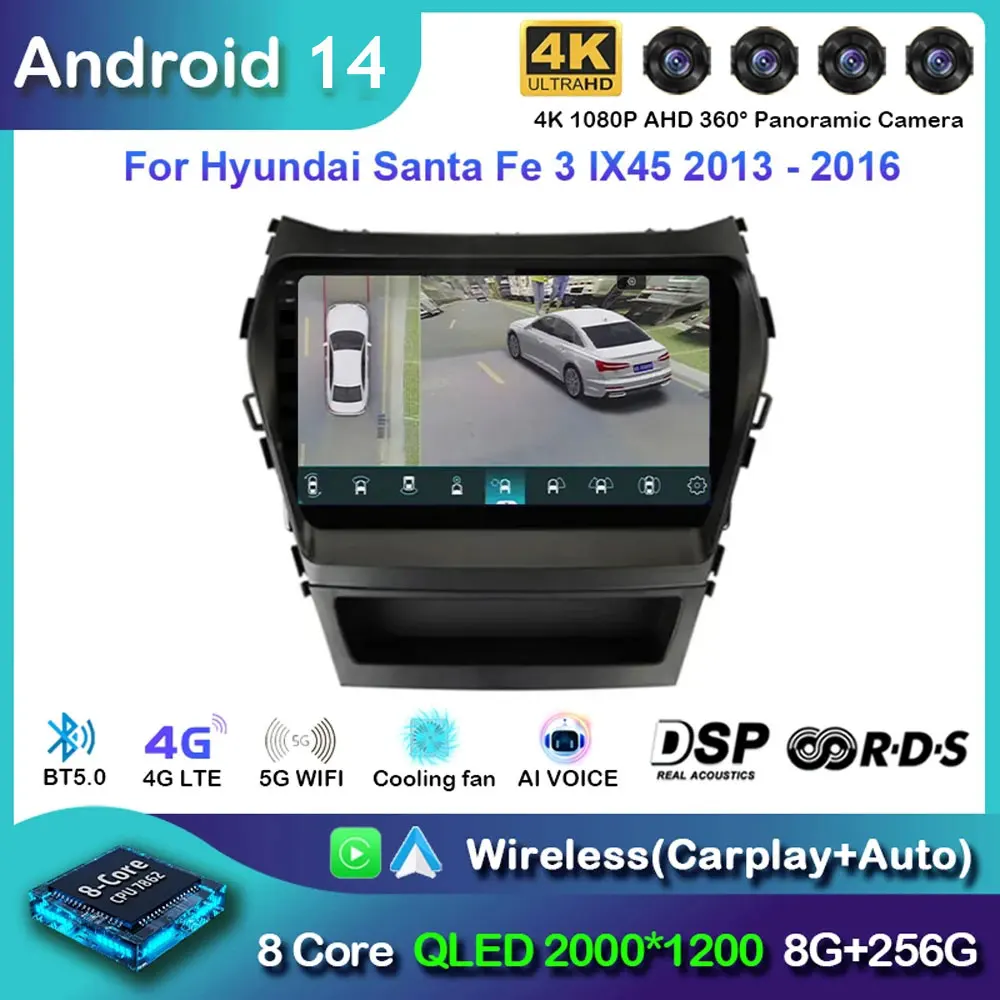 

Автомобильное радио Android14 Carplay для Hyundai Santa Fe 3 Grand IX45 2012-2017 навигация GPS мультимедийный плеер WiFi + 4G стерео видео