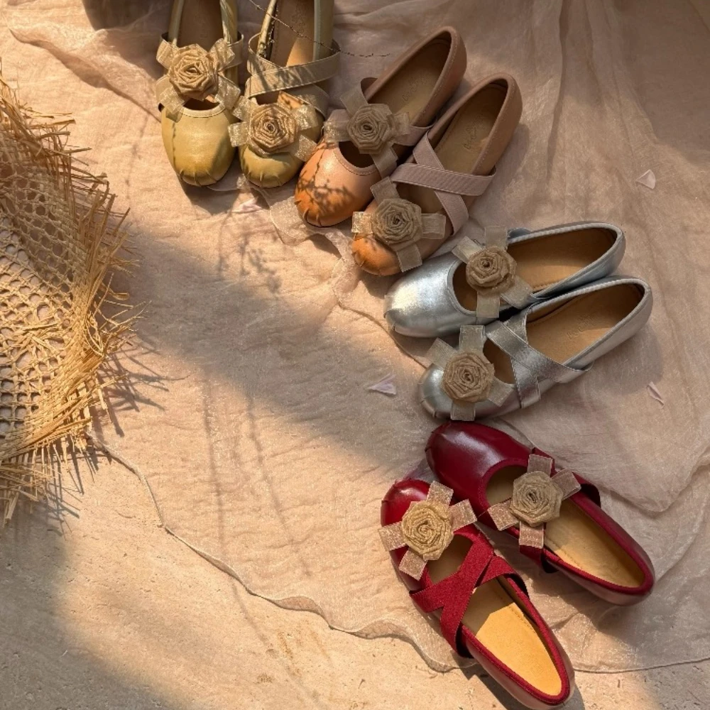 

Camellia Round Head Flat-soled Single Shoes Women's Inner Height Increases Fairy Energy Medieval Mary Jane Ballet Shoes Female