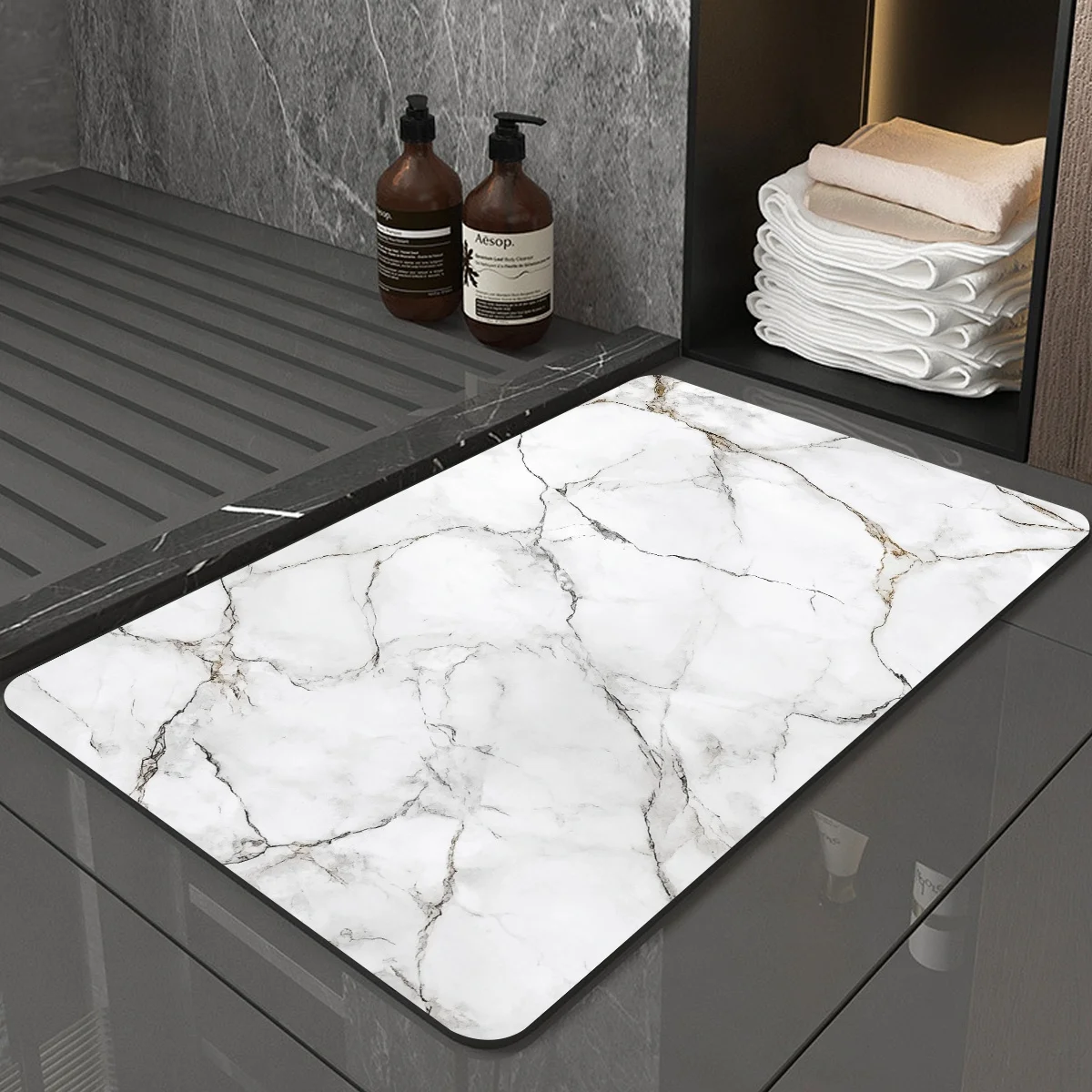 Luxury Marble Print Bathroom Rug Mat Vanity Countertop Decor Waterproof Stone Mat Accessory for Modern Elegant Home Design