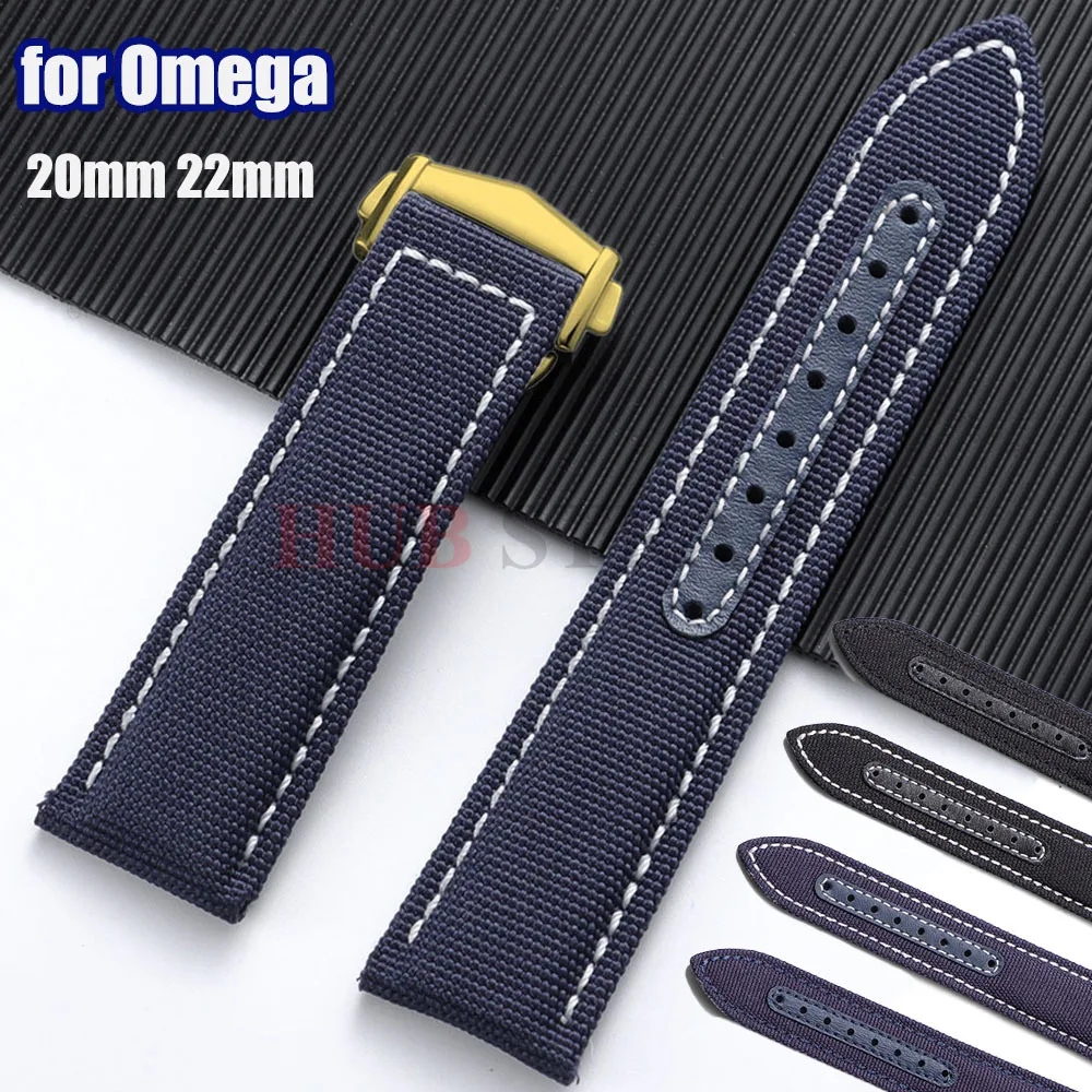 20mm 22mm Nylon Leather Watchband for Omega Seamaster AT150 Speedmaster Blue Business Canvas Fabric Watch Strap for Men Women