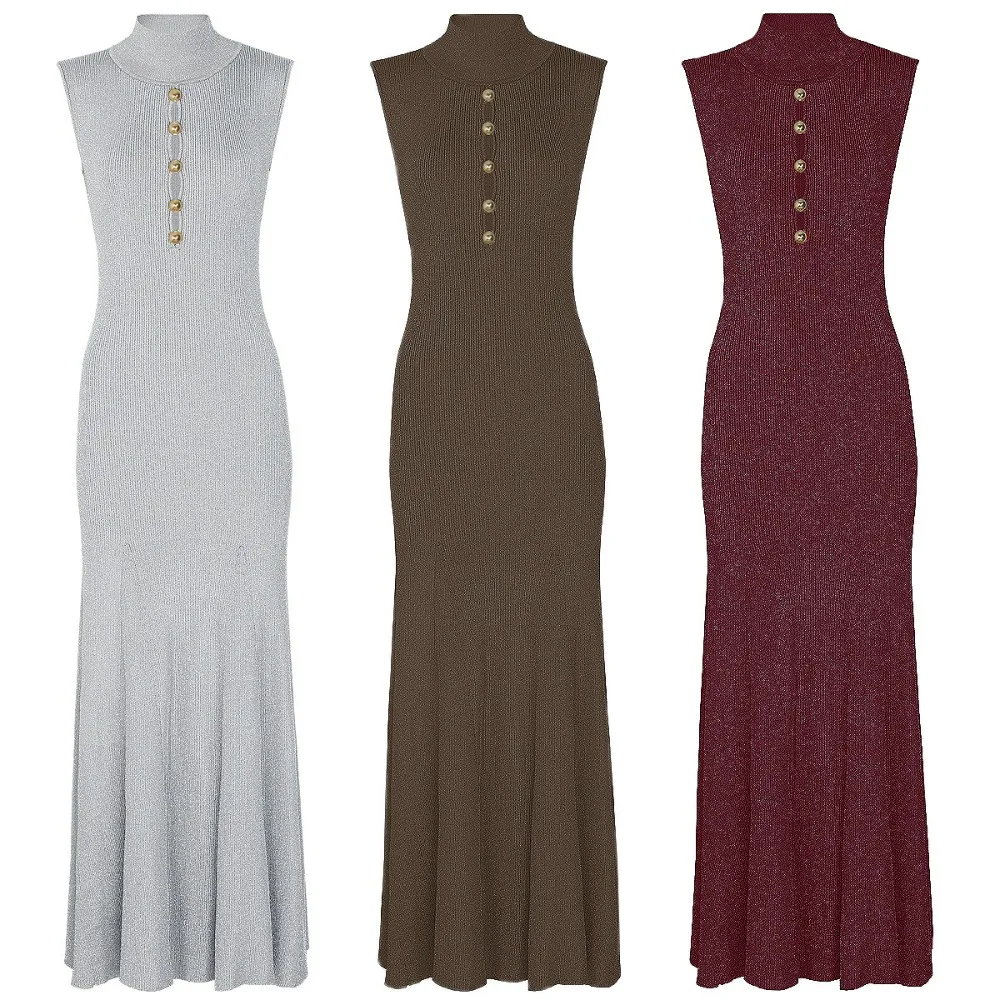 

Summer Fashion Knit Shiny Sleeveless Long Dress Women Slim Fit Lined 2632